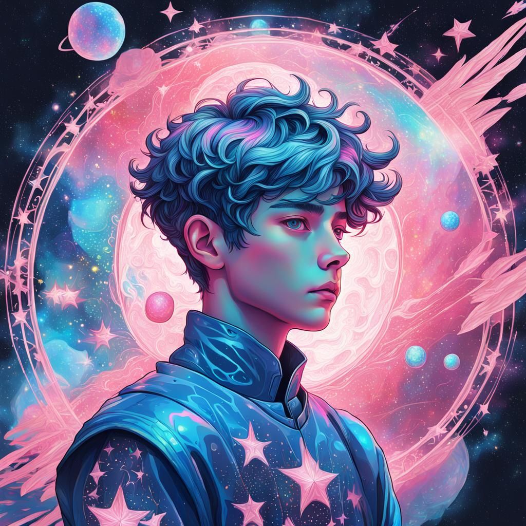 Magical Boy in Holographic Cosmic Illustration