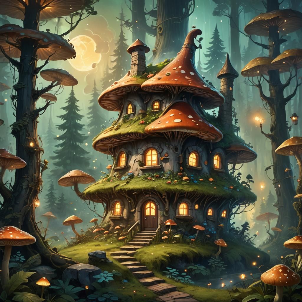 Mushroom House in Forest, Fantasy Concept Art