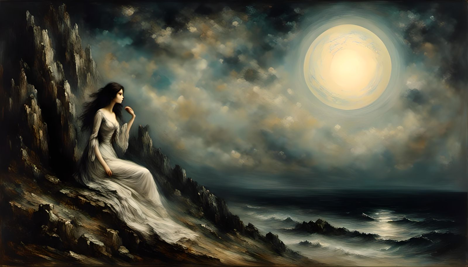 Woman Gazing at Moon in Dark Tower