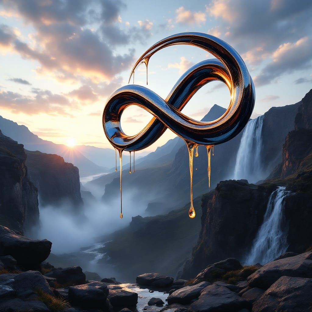Glossy Metal Infinity Symbol in Mountain Sunrise