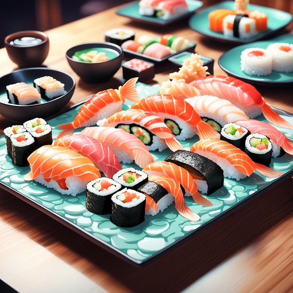 Vibrant Sushi Table in Japanese Pop Art Style