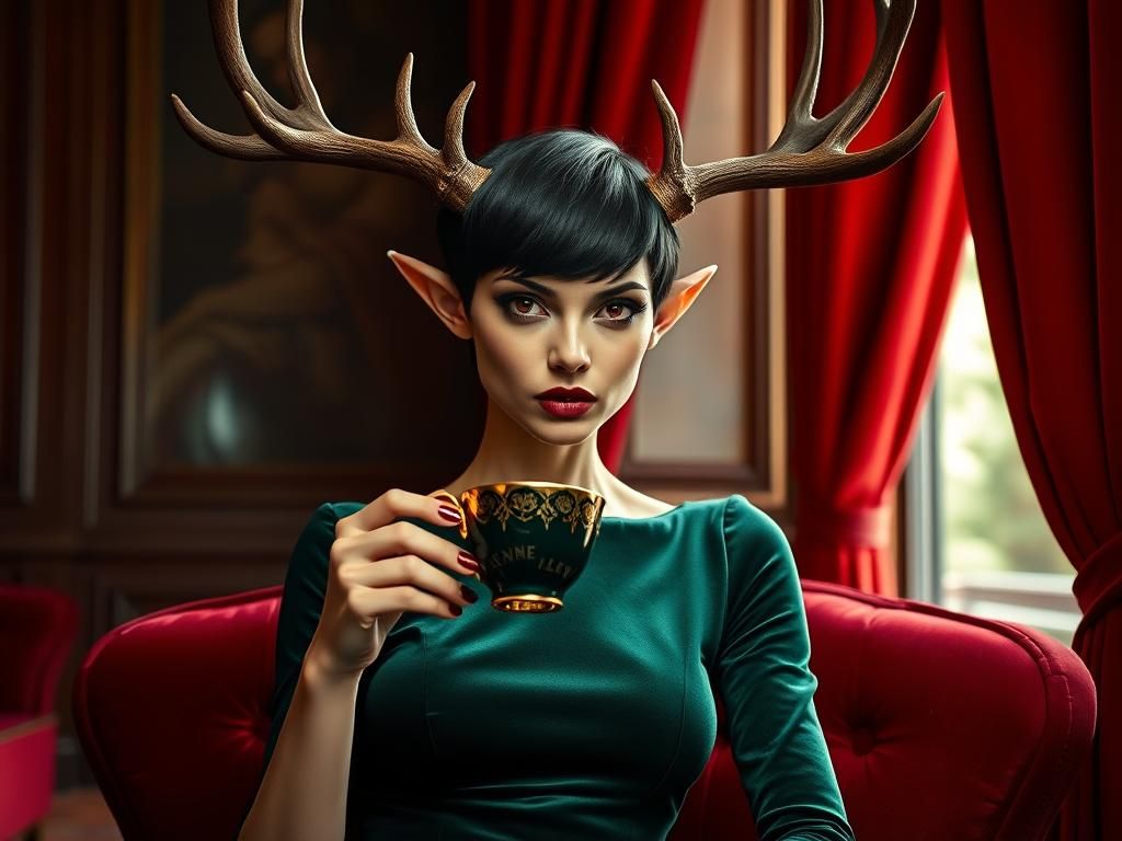 Emerald Woman Sipping Tea: Rembrandt-esque Portrait