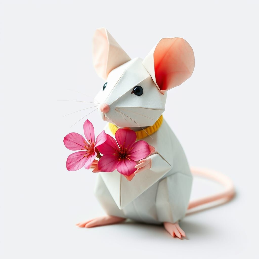 Origami Mouse Holding Cherry Blossom in Watercolor Style