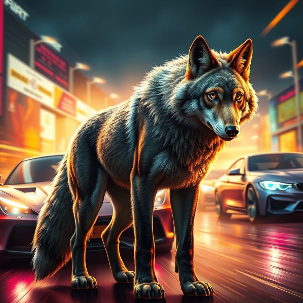 Hyper-Realistic Wolf Fox Hybrid in Dynamic Car Rally Scene