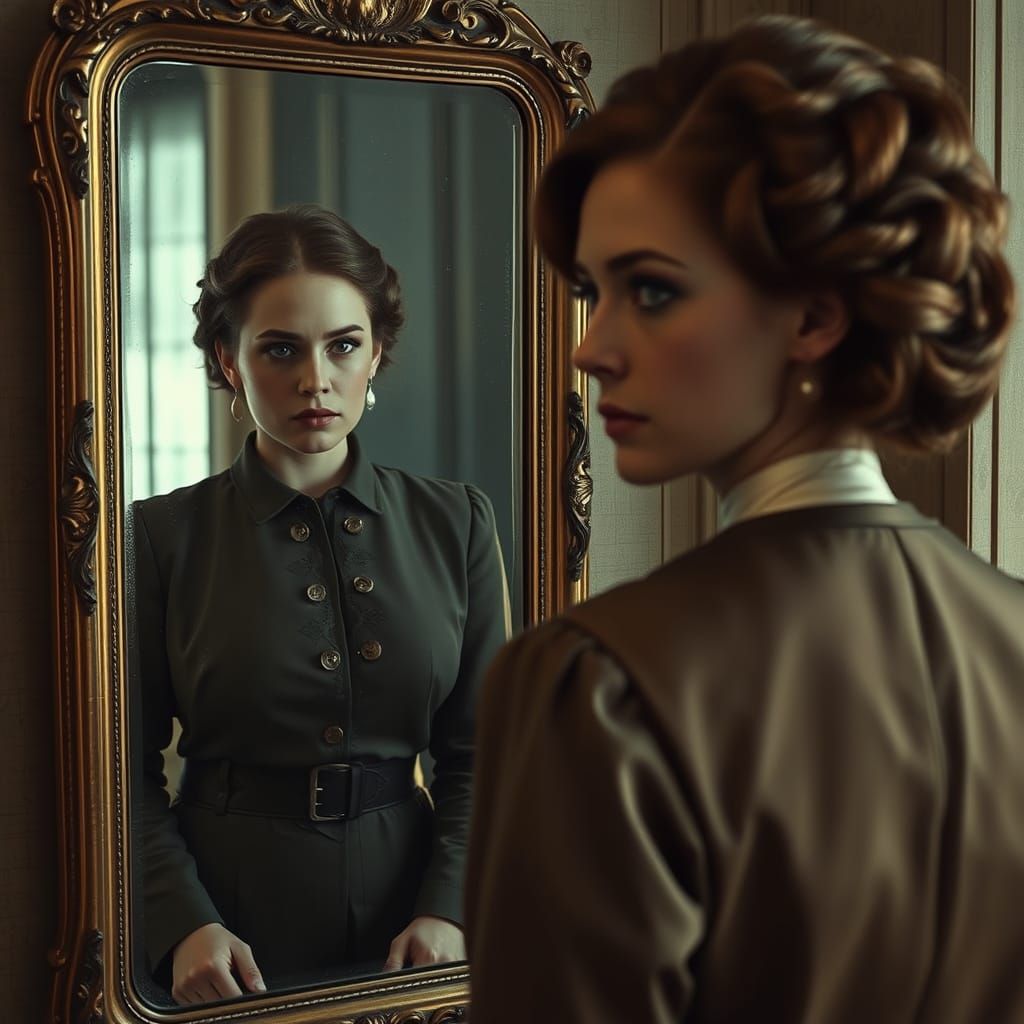 Woman and Reflection in Vintage Mirror