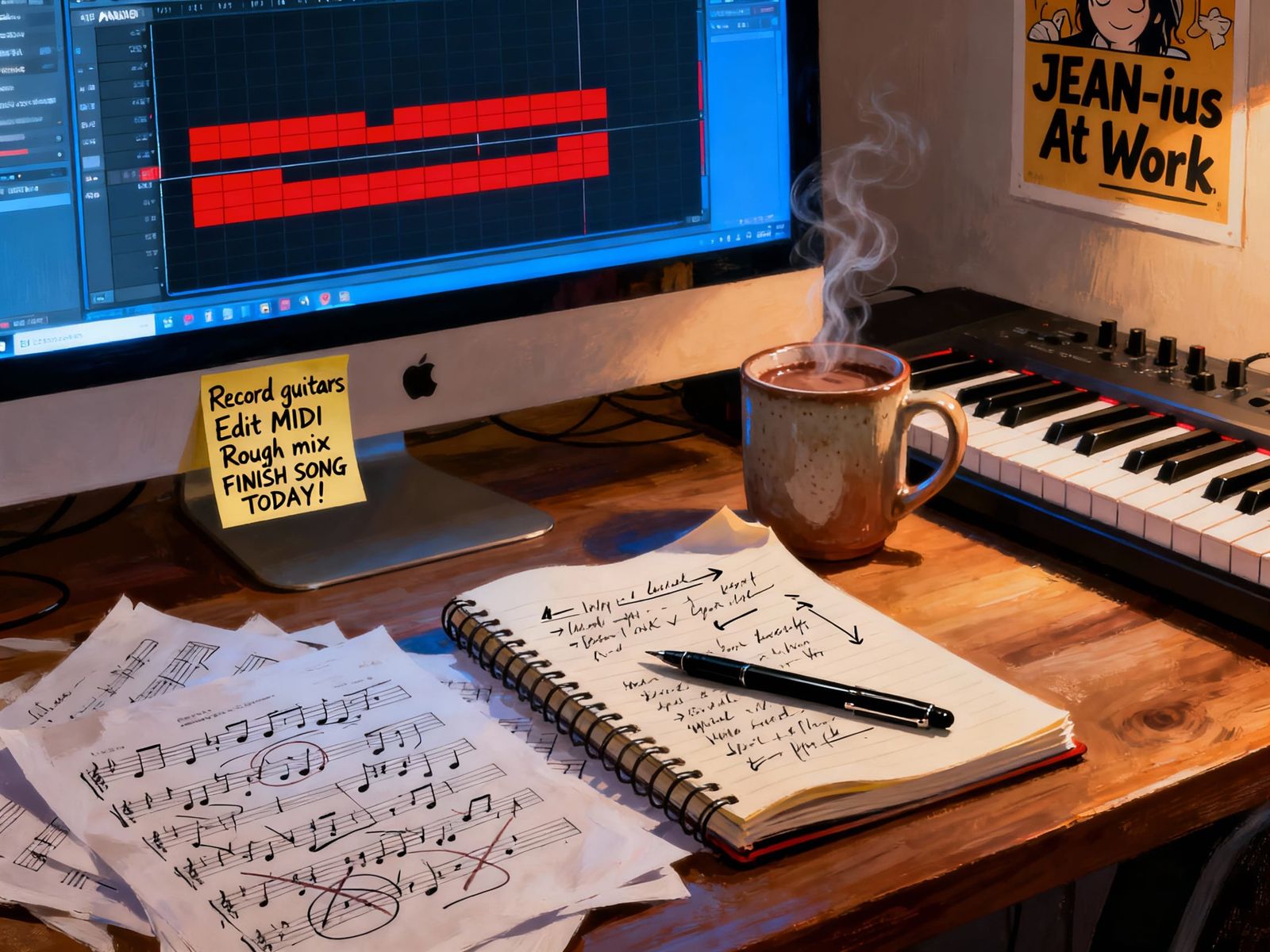 Cozy Music Studio Desk with DAW and Notes