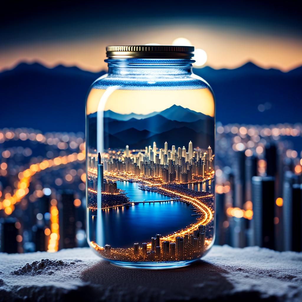 Miniature Futuristic City in Jar Under Moonlit Sky