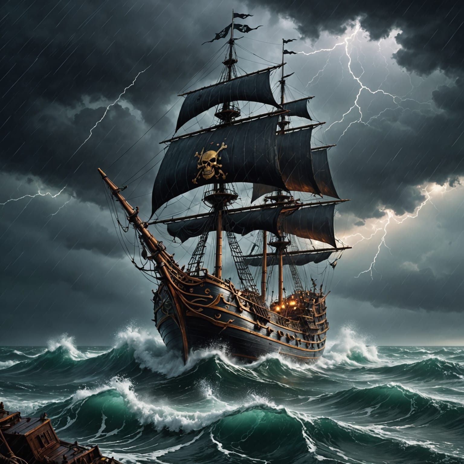 Pirate Ship Battling Stormy Seas with Lightning Strikes