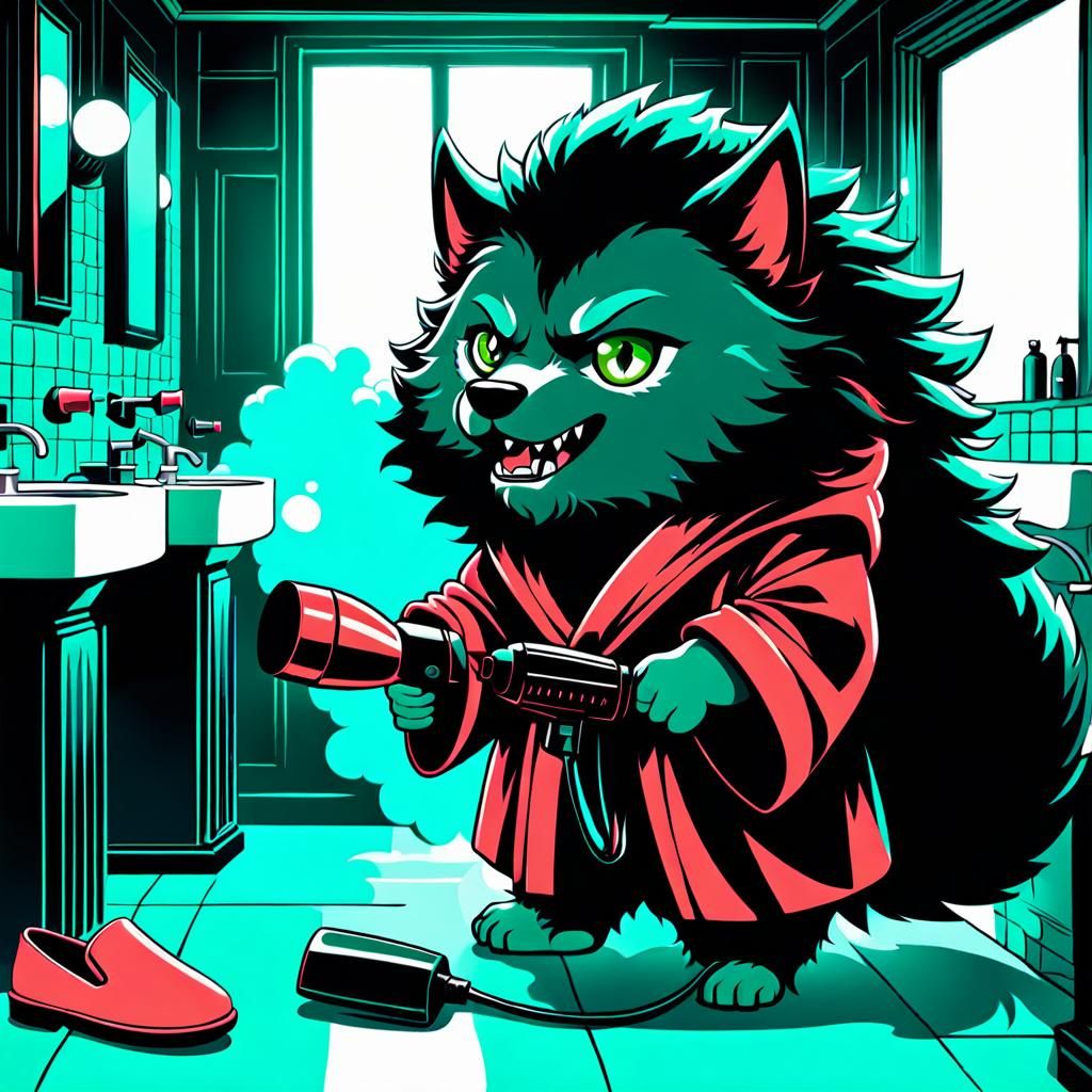 Chibi Werewolf Struggles With Blow Dryer, Pointillism Style