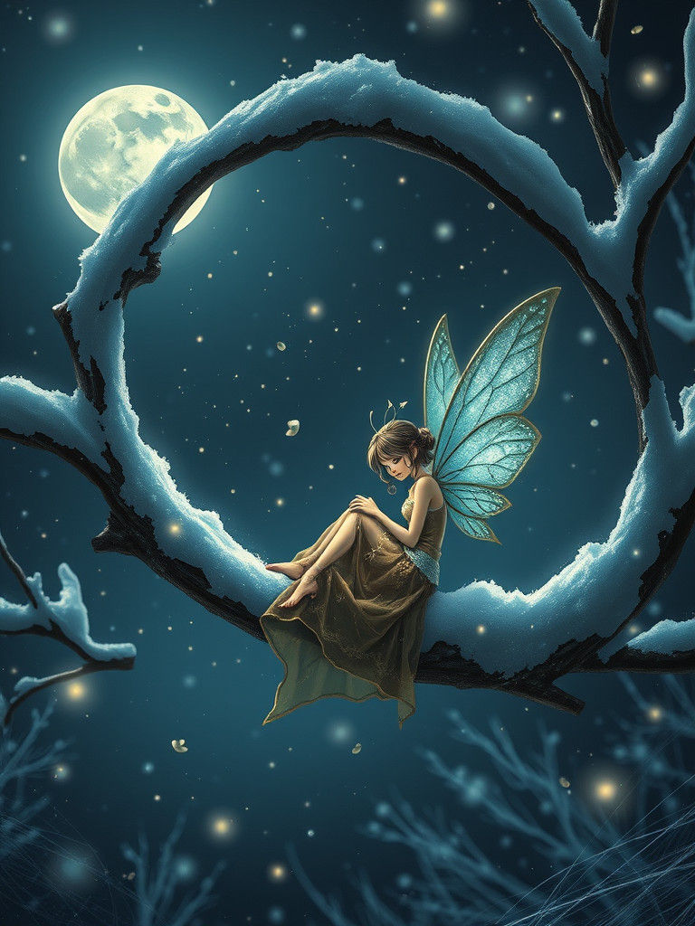 Winter Fairy on Snowy Branch at Night