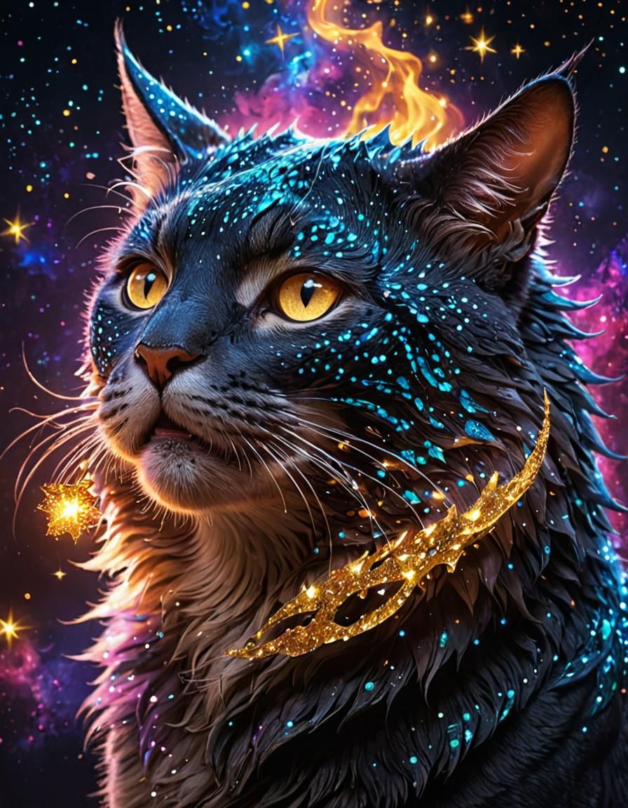 Glittering Cat-Faced Dragon Spewing Neon Fire