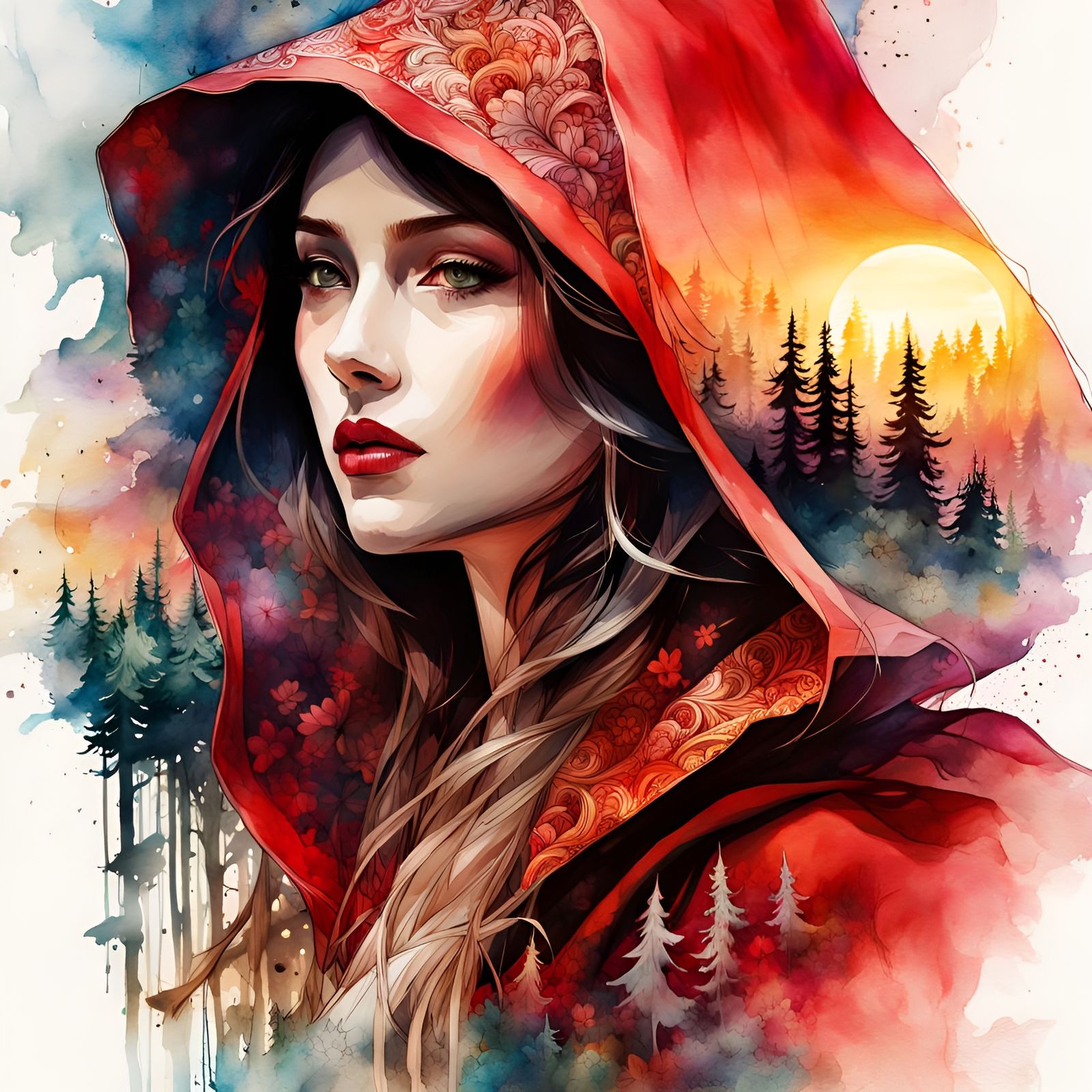 Red Riding Hood Double Exposure Watercolor Illustration
