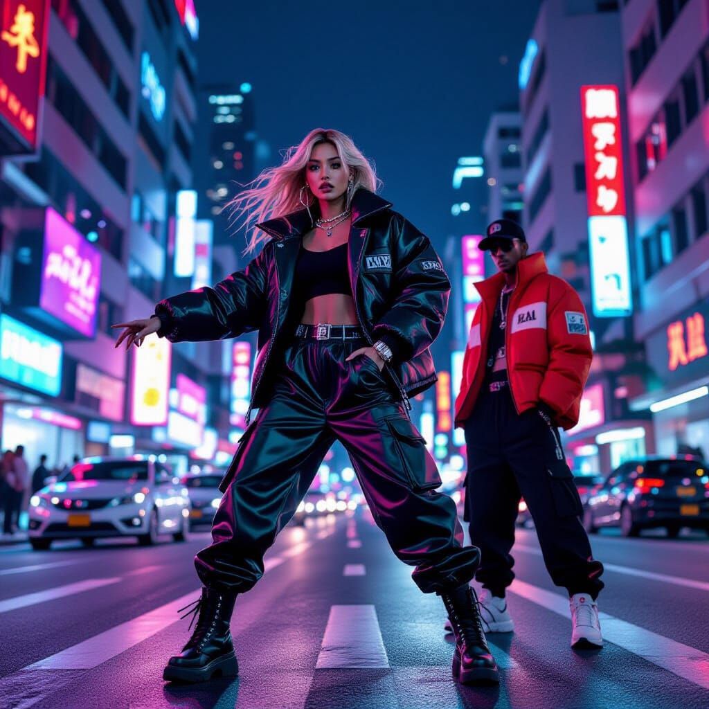 Stylish Figures in a Neon Cityscape: Digital Art