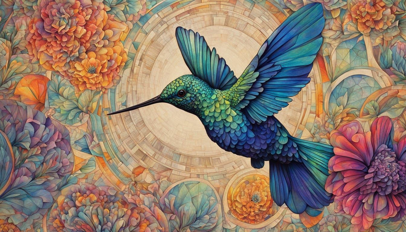 Whirlwind Hummingbird Amidst Kaleidoscopic Geometric Pattern...