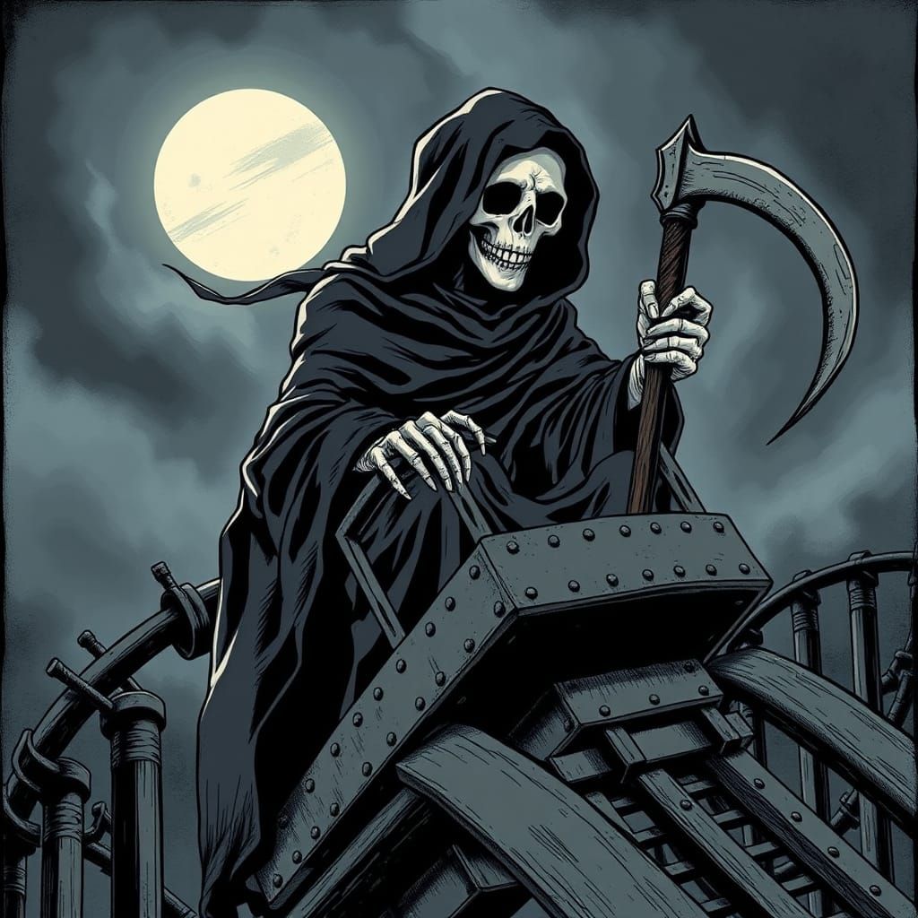 Grim Reaper Rides a Roller Coaster in Gothic Illustration