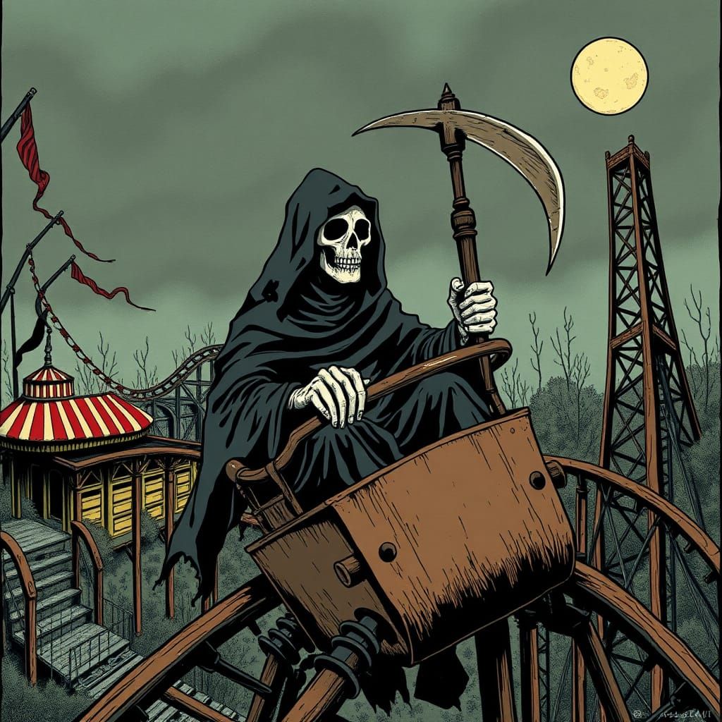 Grim Reaper Rides Roller Coaster in Burton Style