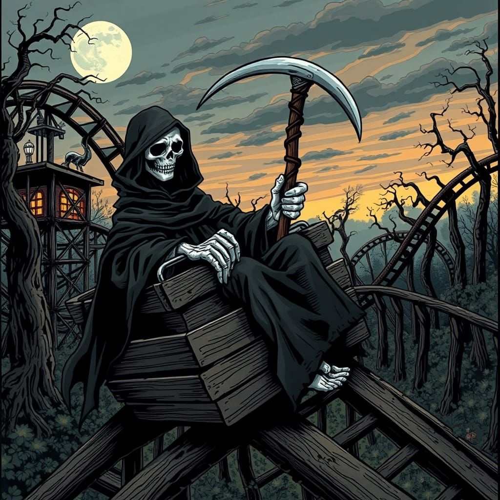 Grim Reaper Rides Roller Coaster in Gothic Whimsy Style