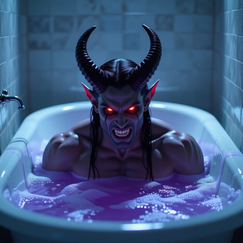 Muscular Demon Luxuriating in Bathtub