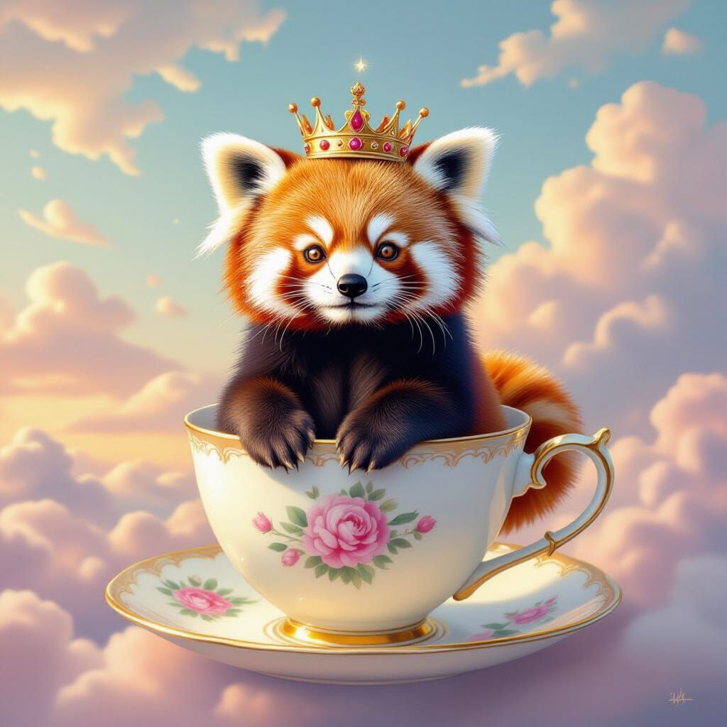 Red Panda in Crown on Floating Teacup in Dreamlike Sky
