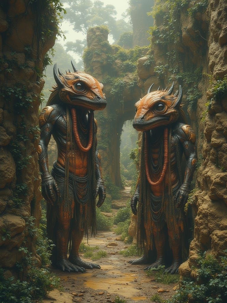 Mythpunk Creatures in Ancient Ruins, Dreamlike Scene