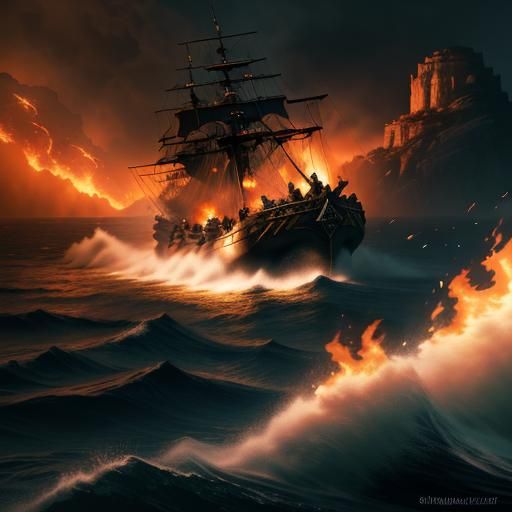 As the pirate ships closed in, the air filled with the clash of metal and the roar of cannon fire. Smoke billowed, obscu...