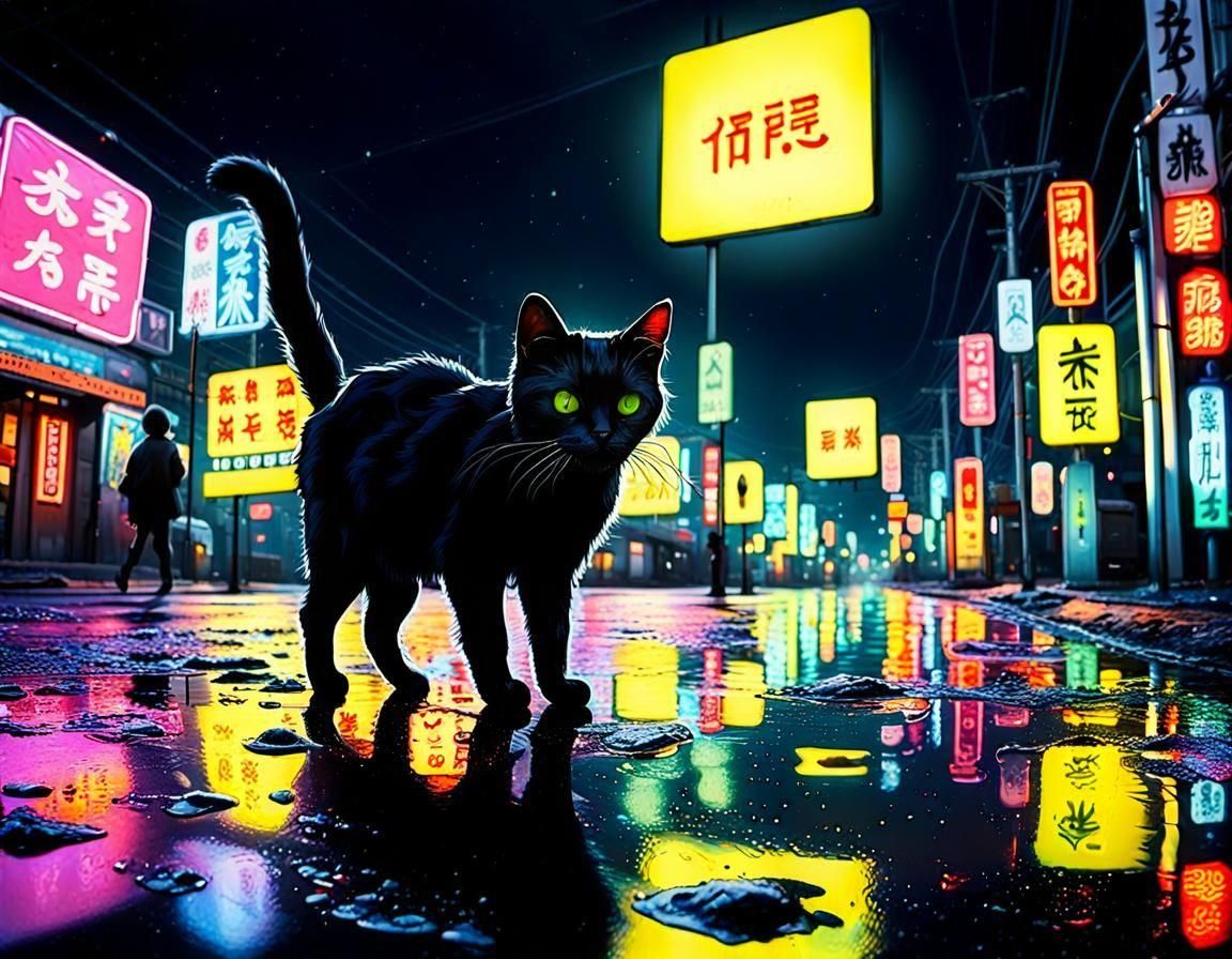 Black Cat in Vibrant Neon Cityscape