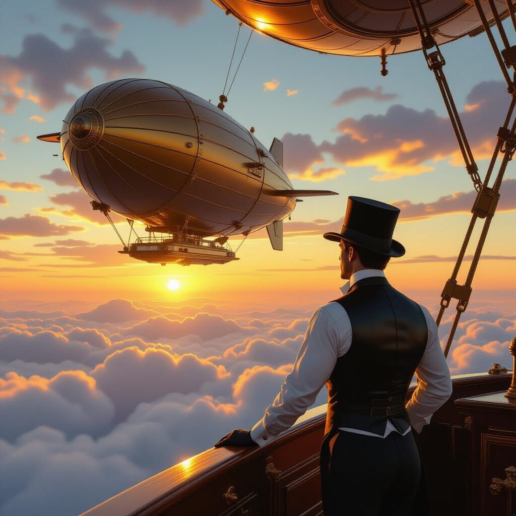Actor on Airship Deck at Sunrise, Painterly Style