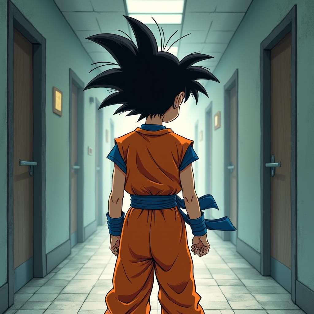 Martial Arts Student in Eerie 2D School Hallway