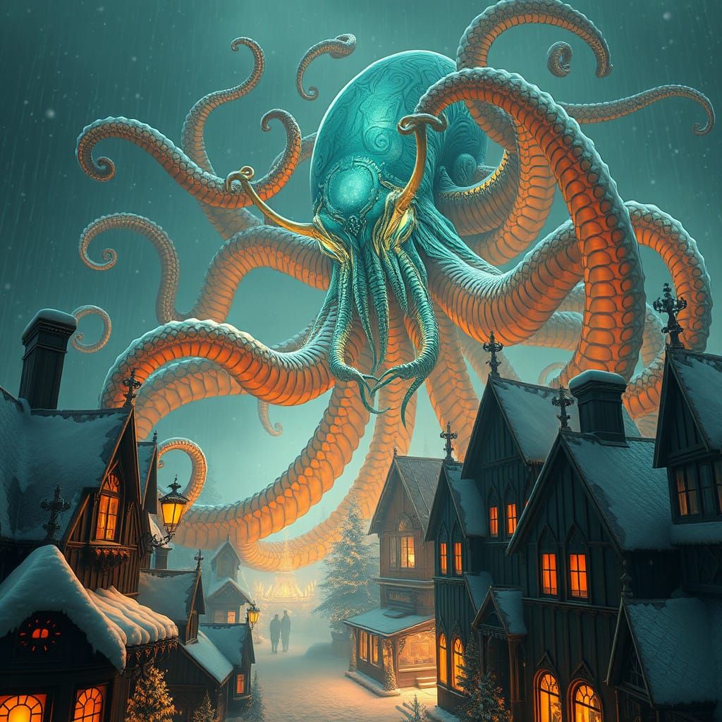 Ethereal Cthulhu Rises Amidst Victorian Christmas Scene