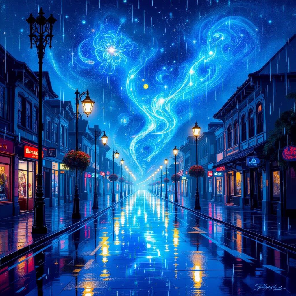 Rainy Midsummer Street in a Surreal Style
