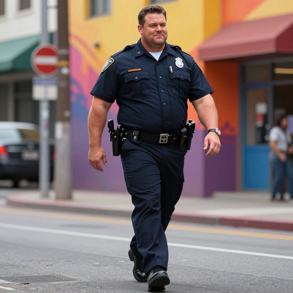 Muscular Policeman Walking Down Street in Hyperrealistic Sty...