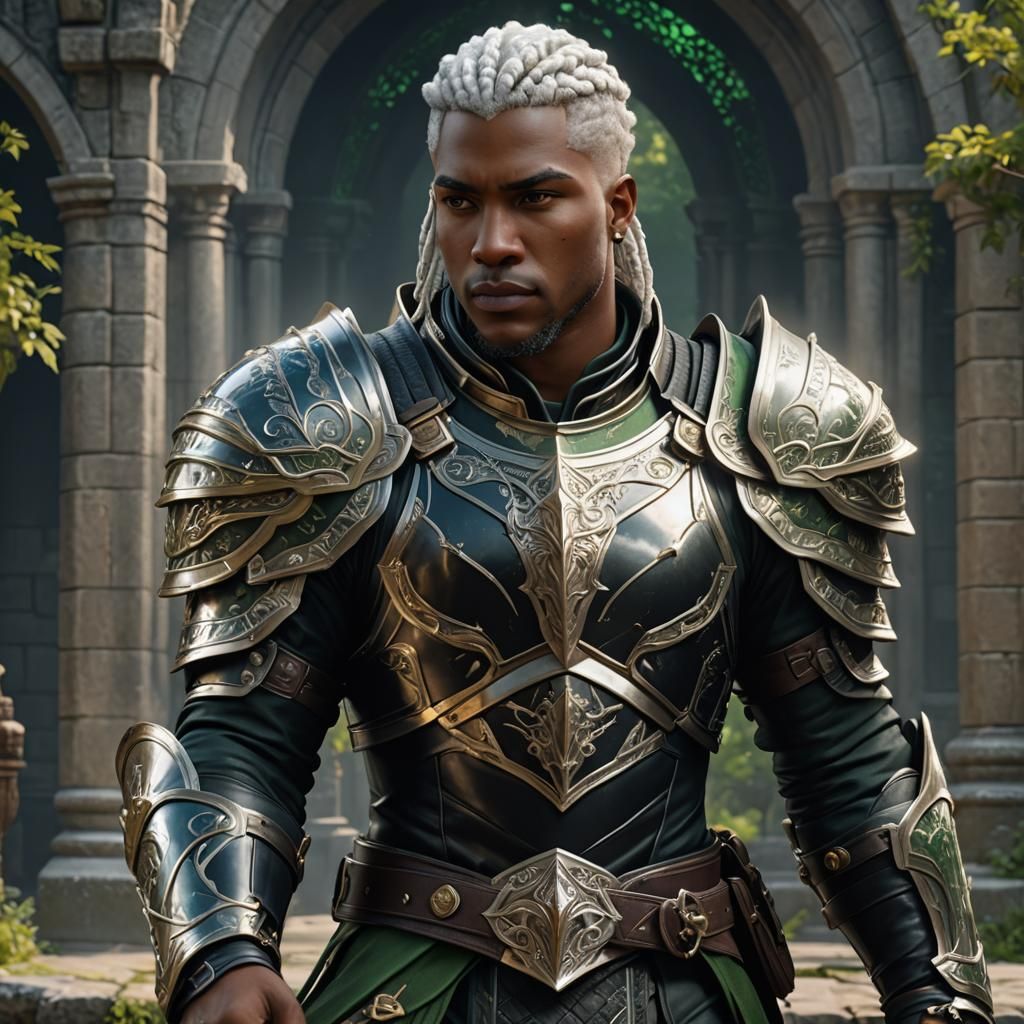 Aasimar Paladin in Green and Silver Armor