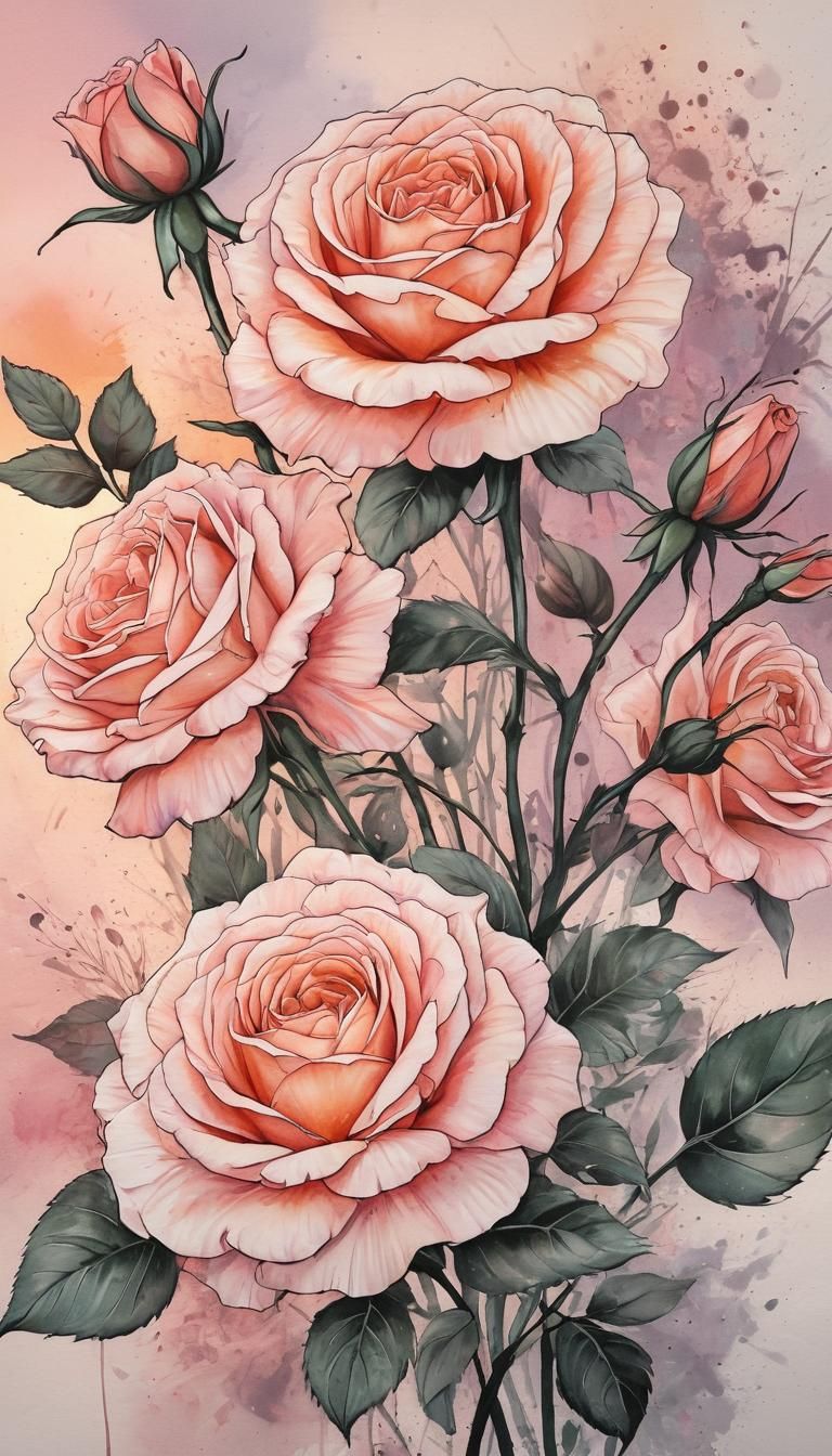 Rose Flowers at Sunset in Watercolor Graffiti Style