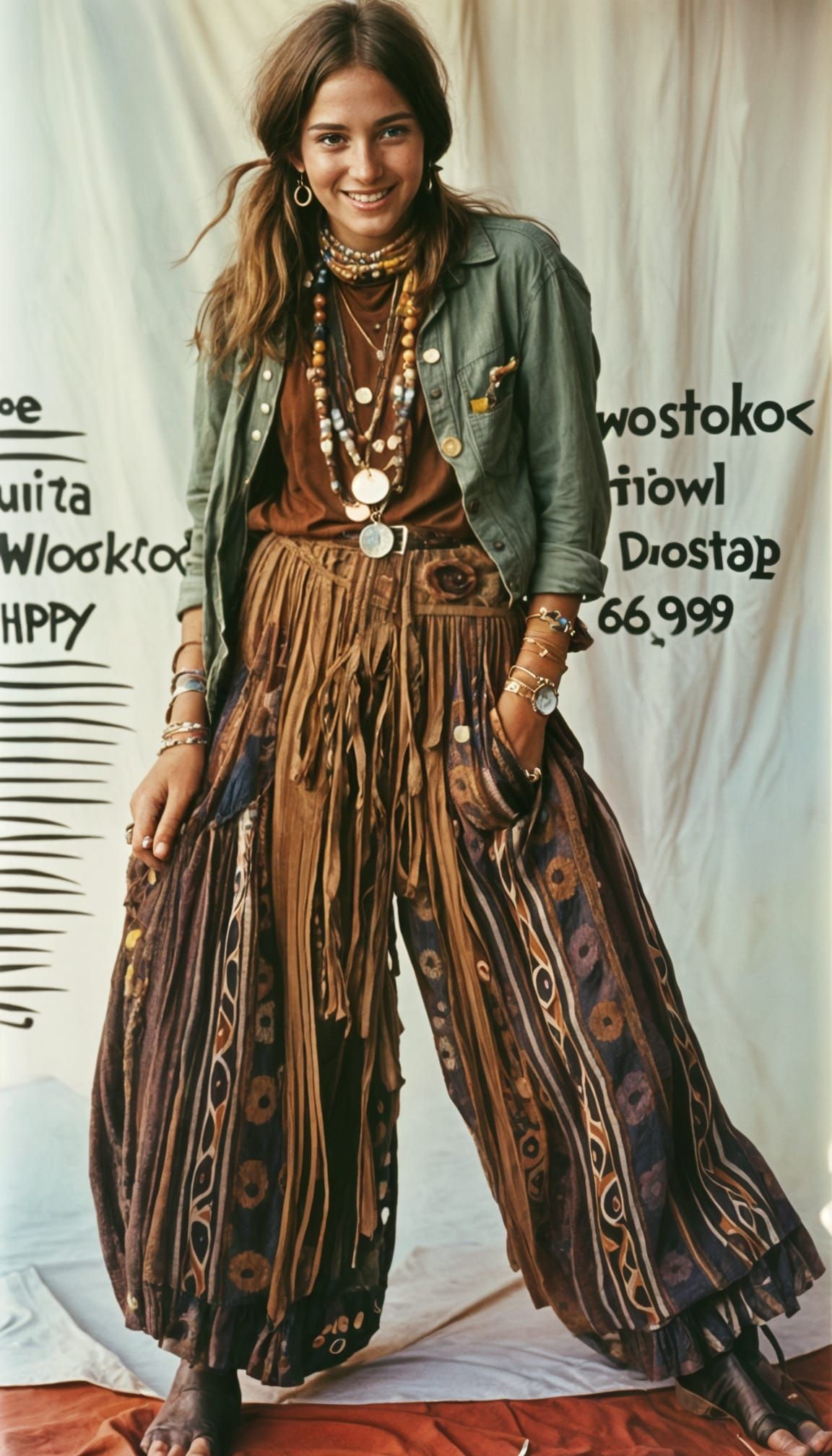Hippy Woman at Woodstock Festival in Aged Photo