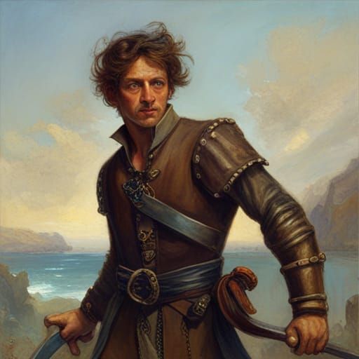 Half-Elf Swashbuckler in Heroic Pose, Oil Painting