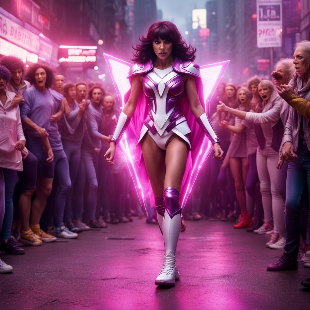 Crossdresser Superhero Shields Others from Energy Bolts