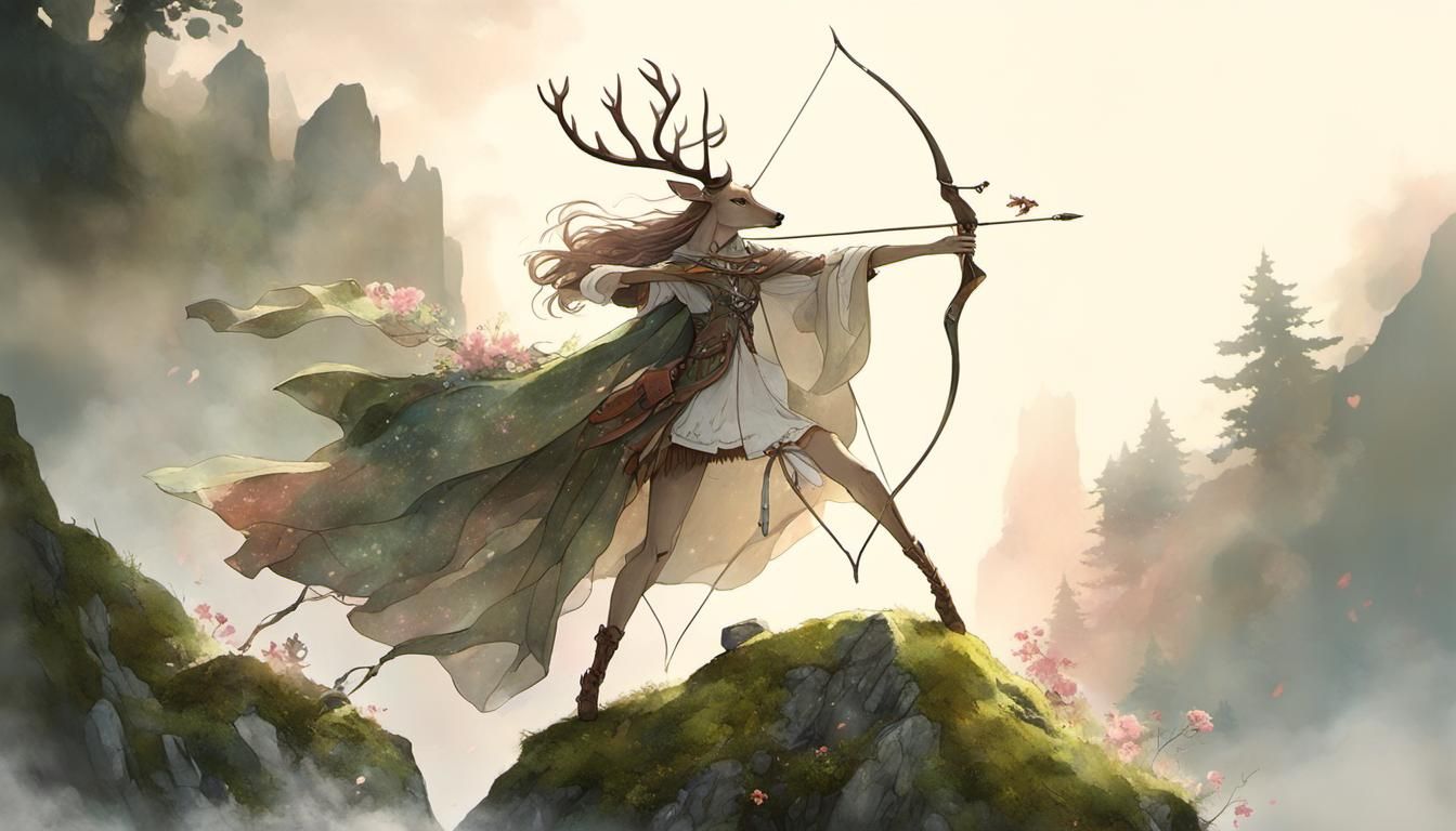 Enchanting Deer Archer in High Fantasy Anime Style