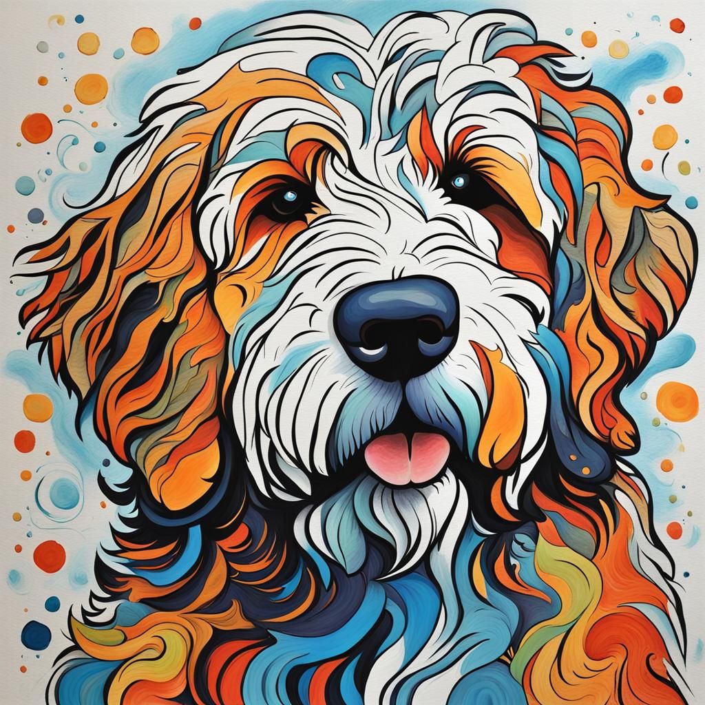 Abstract Bernedoodle Art with Complementary Colors