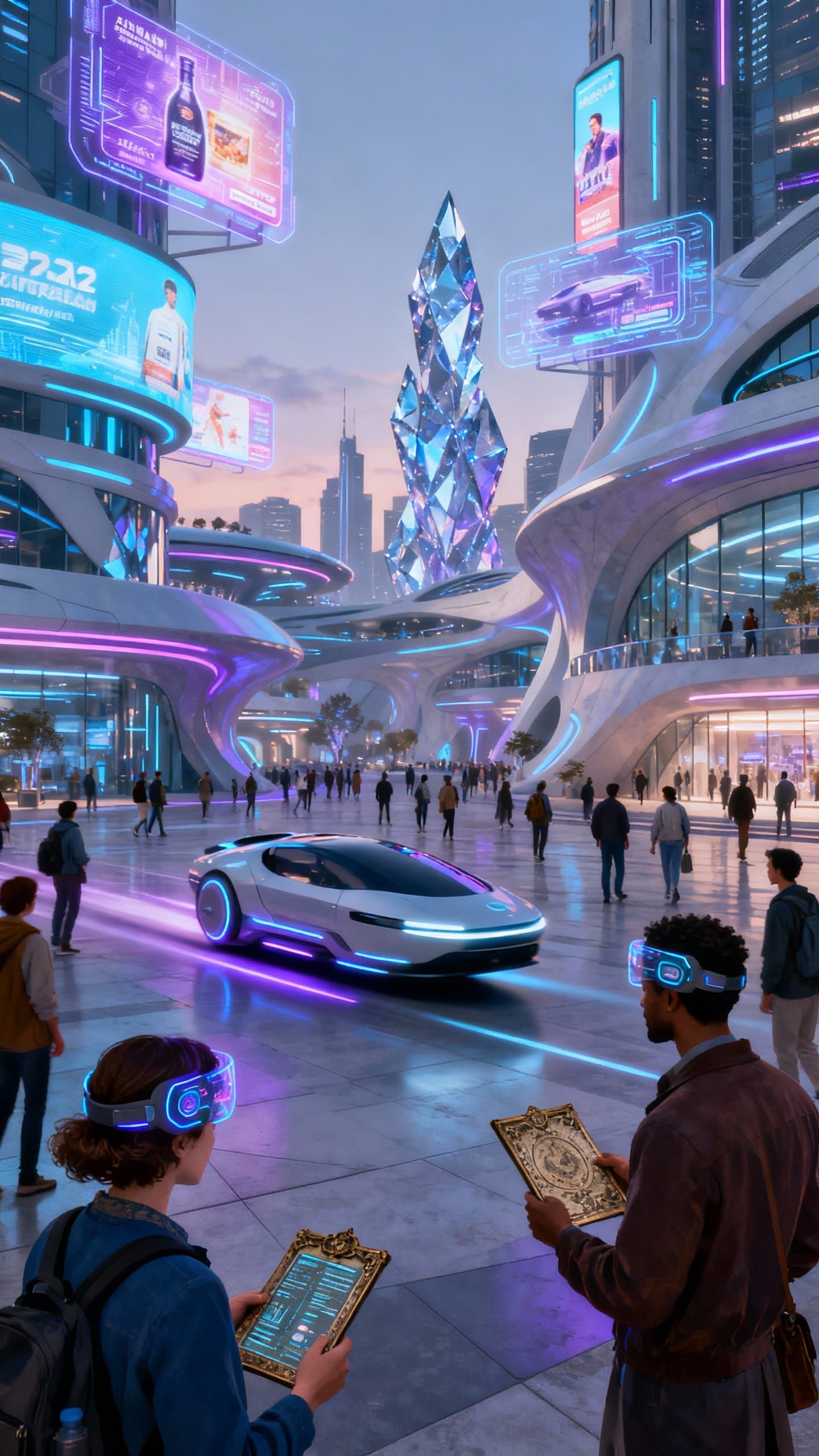 Futuristic City Square With Holograms and Flying Cars