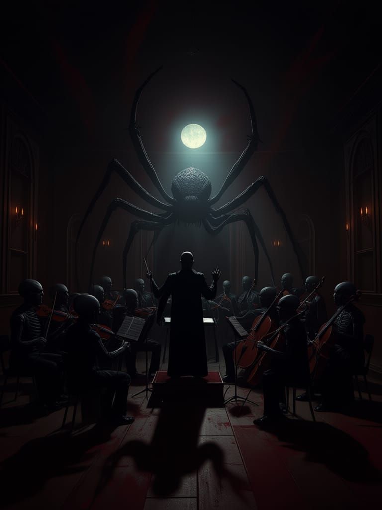 Giant Spider Conductor Leads Orchestra in Haunted Bedroom