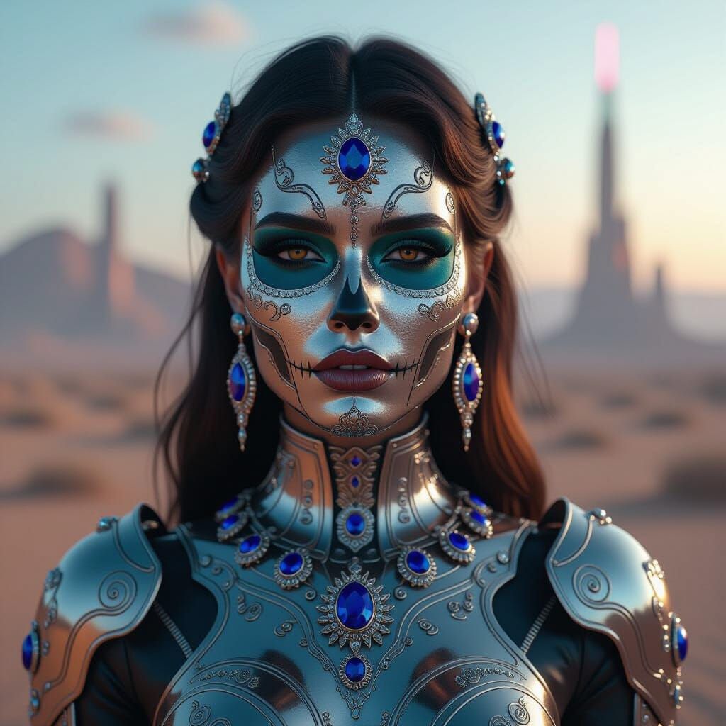 Metallic Woman Portrait with Lapis Lazuli in Day of the Dead...