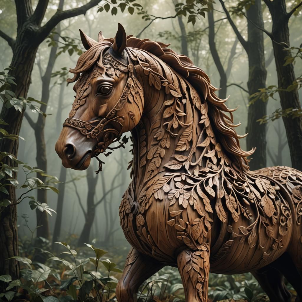 Intricate Wooden Horse Sculpture in Misty Forest