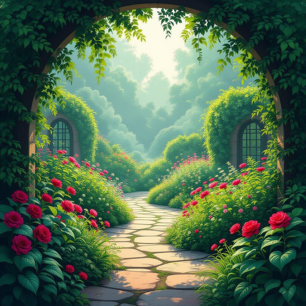 Dreamlike Hidden Garden with Lush Green Foliage