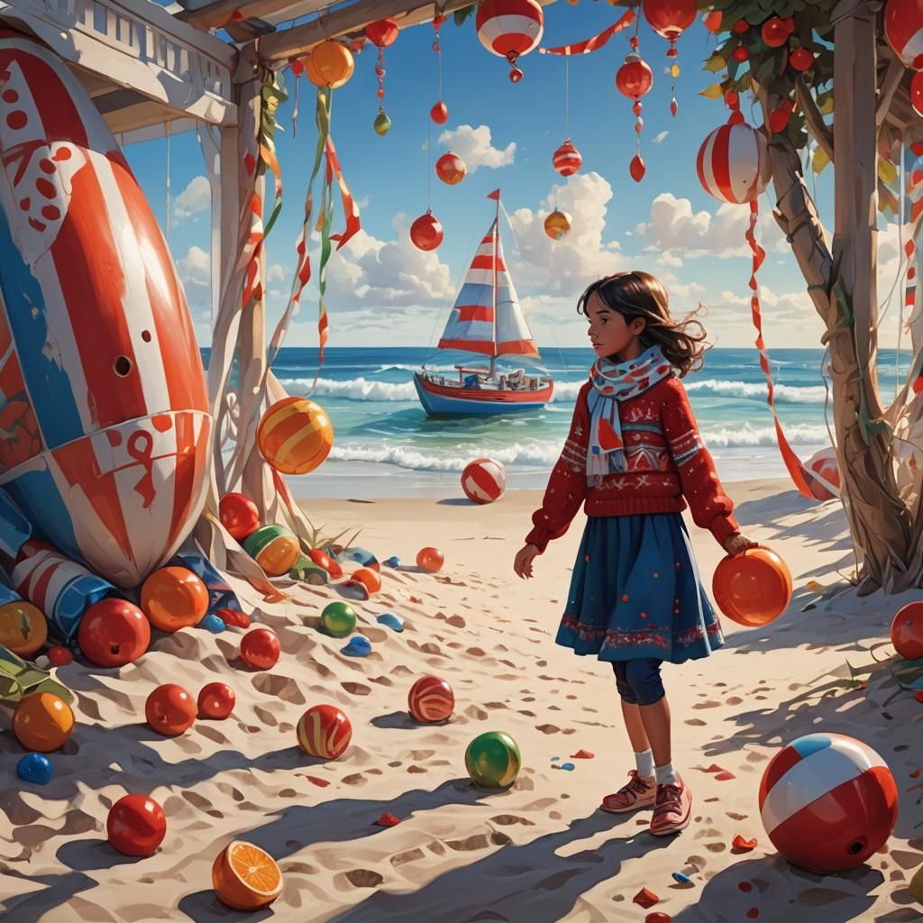 Girl Searches for Fruit on Beach in Fantasy Art