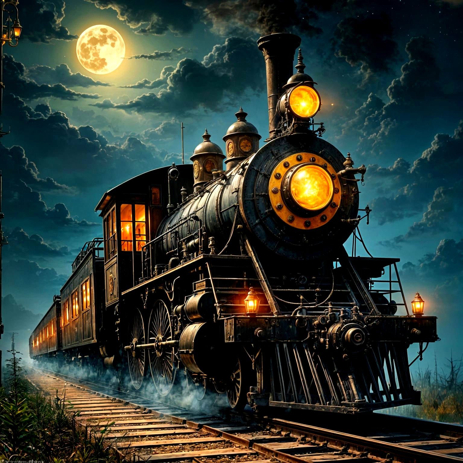 A vintage steam locomotive, its metal gleaming under the moonlight, is illuminated by a series of ornate, glowing lanter...