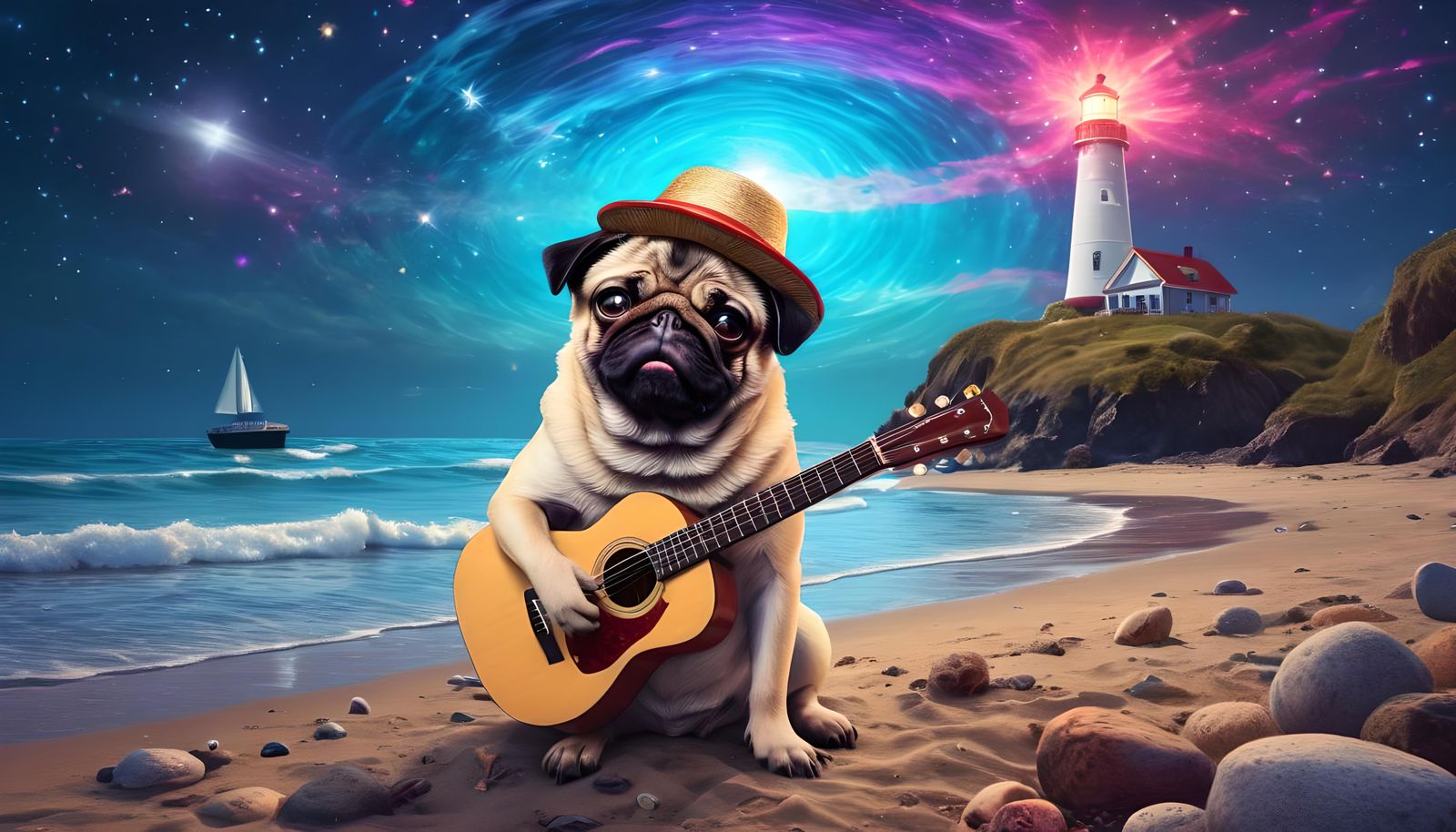 Pug Guitarist on a Cosmic Beach