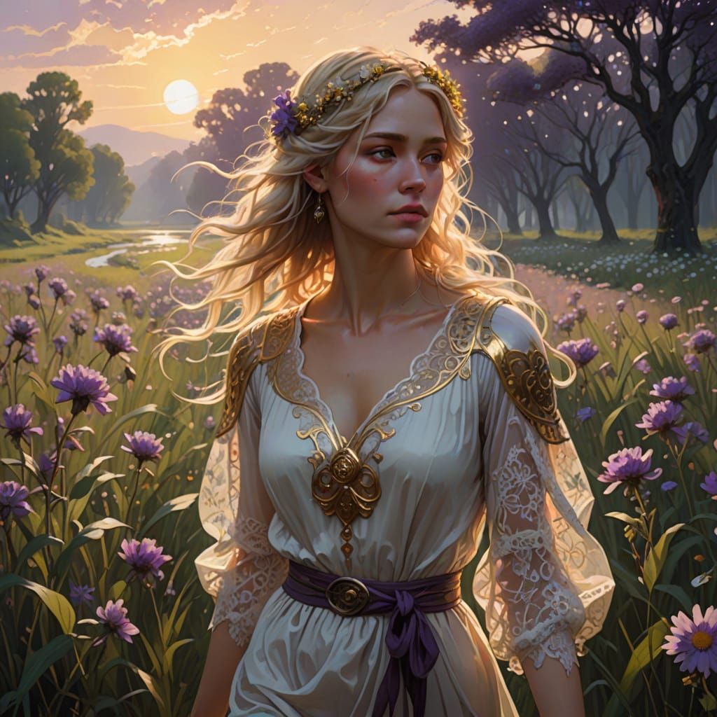 Serene Woman in Blooming Meadow: Dark Fantasy Art