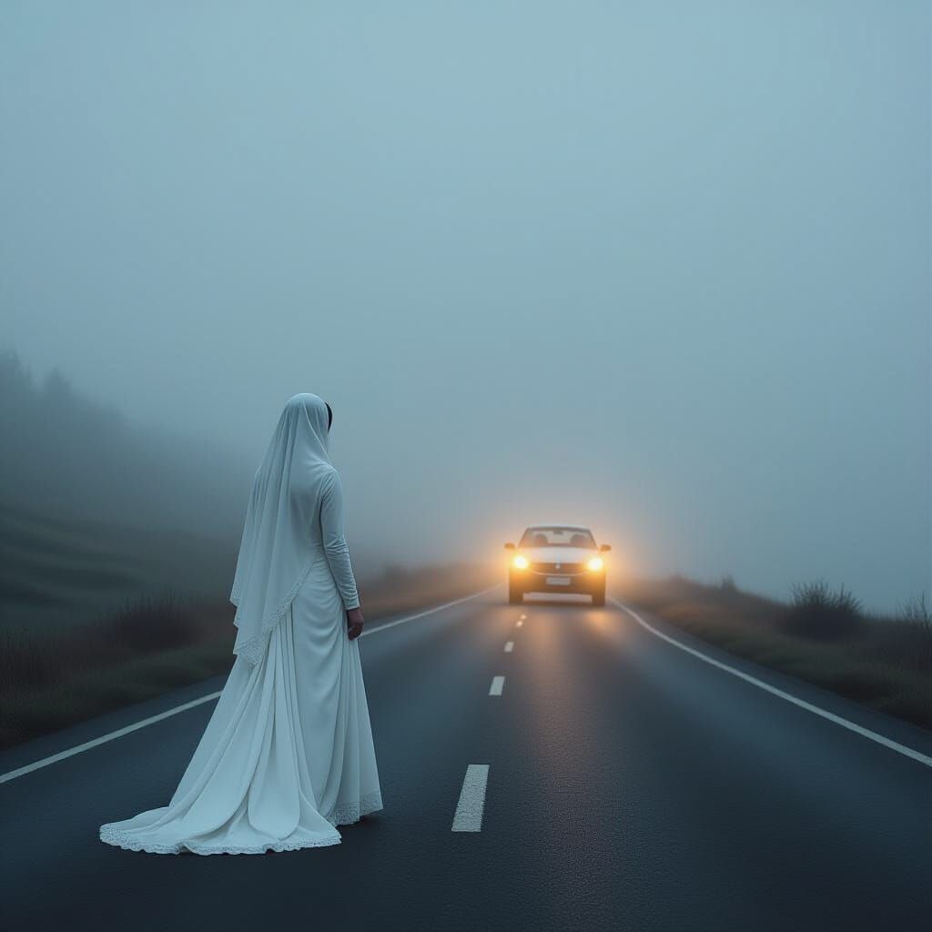 Woman in White on Dark Road with Approaching Car Lights