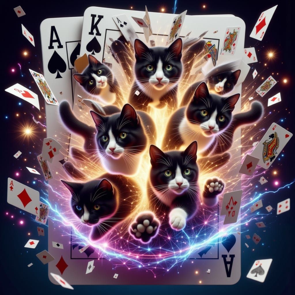 Whimsical Tuxedo Cats Unleashed in Magical Card Chaos