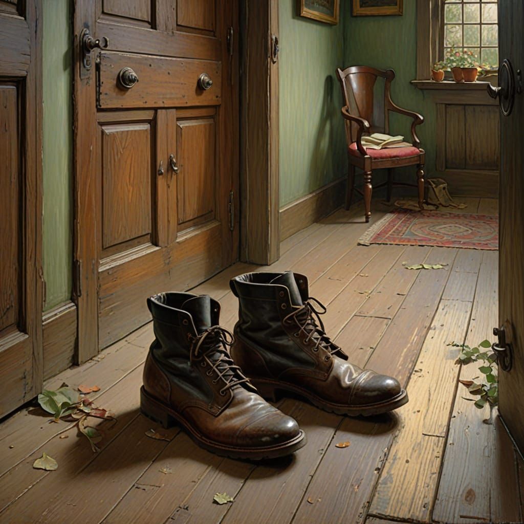 Worn Hiking Boots Walk Towards a Vibrant Garden